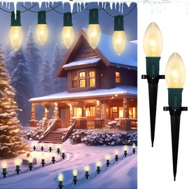C9 Christmas Pathway Lights, 38 Feet Outdoor String Lights with 25 Bulbs and Marker Stakes, Waterproof Connectable Christmas Walkway Markers Lights for Outside Driveway Yard Porch Garden Patio