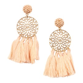 Happiness Boutique Women's Statement Earrings with Tassels in Nude Colour, Tassel Earrings Flower Design in Gold Colour, Cotton Jewellery beads Cotton Nickel and lead free zinc