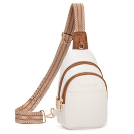Viverte Crossbody Bags for Women Small Leather Sling Bag Fanny Packs Cross Body Chest Bag for Woman (Beige with Brown)