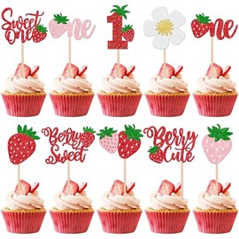 30 piezas de decoraciones de tarta de fresa para cupcakes de primer cumpleaños, decoración de tarta de fresa, decoración de tarta de cumpleaños de fresa, decoración de tarta de fresa para la fiesta de