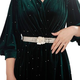 Jumwrit Elastic Pearl Belt for Women Colorful Rhinestone Big Pearl Flower Waist Chain Layered Pearl Wedding Dress Belt Sash Off White Round Pearl Bridal Belt（Style 1）