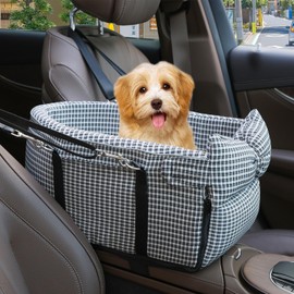 Prpeko Dog Car Seat for Small Dogs, Anti-Collapse Pet Seat with Soft Cushion Safety Belt, Fits Dogs & Cats Under 15 lbs (Grid-Black)