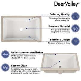 DeerValley 23.9"x15.79" Undermount Bathroom Sink Rectangular Undermount Sink White Ceramic Under Counter Bathroom Sink with Flat Overflow DV-1U0209