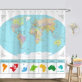 Aeyadis - Cortina de ducha con mapa del mundo, mapa del mundo con países y ciudades, geografía, decoración educativa para niños, niños, juego de cortinas de ducha para baño, tela impermeable con 12