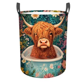 Highland Cow Laundry Basket,Foldable Oxford Cloth Funny Tote Bag Laundry Hamper Clothes Storage Bucket Toy Organizer For Bathroom Laundry Storage Bedroom 18.9x16.5