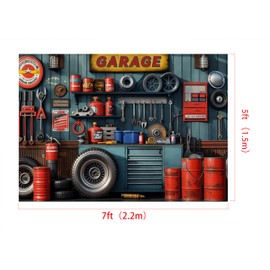 Kate Background 7x5ft/2.2x1.5m Workshop Backdrops Repair Mechanic Party Decor Photography Background Garage Car Repair Red Paint Bucket Tyre Tools Photo Shoot Studio Props