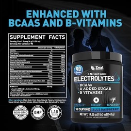 Zeal Naturals Suplemento De Electrolitos En Polvo Mejorado(Frambuesa Azul, 90 Unidades) Sin Azúcar, Con Bcaa Y Vitaminas B, Con Potasio, Zinc Y