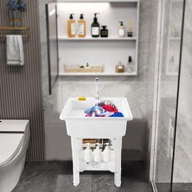 Freestanding Plastic Laundry Sink with Washboard, W25.6" × D22.44" × H31.5" Indoor and Outdoor Utility Sink with Cold & Hot Water Faucet, Hoses and Drain Kit for Laundry Room, Garage, Basement, Garden