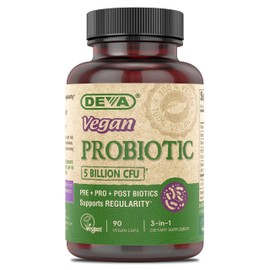 DEVA Vegan Probiotic Supplement - Pre, Pro, and Postbiotics for Digestive Health, 5 Billion CFU, Dairy Free FOS Prebiotics and Probiotics for Women and Men, Vegan Capsules, 90 Count