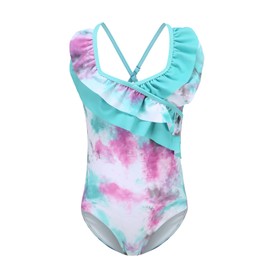 Girls One Piece Swimsuits Tie Dye Ruffle Bathing Suit Kids Hawaiian Floral Swimwear Green Size 6/6X