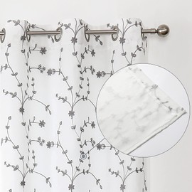 Bujasso White Sheer Curtains 63 Inch Length for Living Room White and Grey Curtain with Embroidery Flowers 2 Layer Lined Privacy Window Curtains Leaf Botanical Patterned Grommet Top Drapes W38 xL63