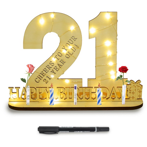 Birthday Gifts for Her and Him,Wooden Signature Numbers 21st Birthday Signature Plaque with LED String Lights and Pen,21 Year Old Personalized Keepsake Gift for Son,Daughter and Brother. (21th)