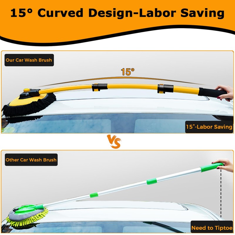 15°Curved Car Wash Brush with Long Handle 43" Extension Pole