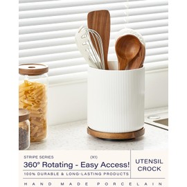 getstar Utensil Holder, 360° Rotating Large Kitchen Utensil Holder, Ceramic Cooking Utensil Holder for Kitchen Counter with Rotatable and Detachable Wooden Base