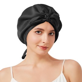 22 Momme 100% Mulberry Silk Bonnet for Sleeping, Grade-6A Silk Sleep Bonnet for Hair Care, Adjusatble Silk Hair Wrap with Elastic & Twist Knot Design(1PCS,Black)