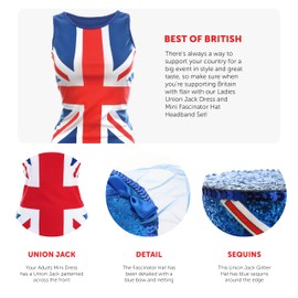 Ladies Union Jack Dress and Mini Fascinator Hat - XXX-Large - Blue Dress with Union Jack Flag Design and Mini Union Jack Top Hat with Fascinator - King's Coronation Street Party Fancy Dress Costume