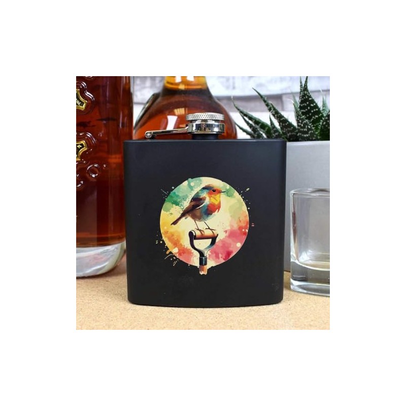 6oz (170ml) 'Robin on a Garden Spade' Pocket Hip Flask
