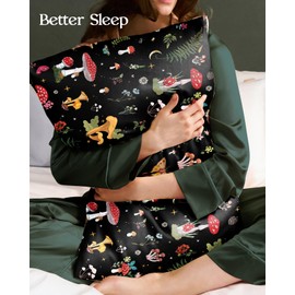 Miss Adola 2 Pack Silk Pillowcase - 20x26 Inch Standard Size Silk Pillow Case with Hidden Zipper for Women Lady Smooth Soft Breathable Cute Design Pillowcase for Hair and Skin, Black Mushroom