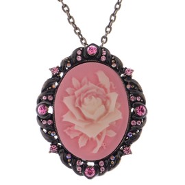Alilang Vintage Inspired Sparkly Crystal Rhinestones Flower Cameo Pendant Necklace Brooch Pin, Rose Pink