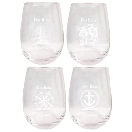 R and R Imports Dos Boka Curaçao Souvenir 9 Ounce Laser Engraved Stemless Wine Glass Nautical Designs 4-Pack