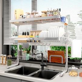 VNKZI Over Sink Dish Drainer Drying Rack, 3 Tier Full Stainless Steel Storage Adjustable Length (25.98'' to 36.61'') Kitchen Rack, Multifunctional Expandable Counter Organizer, Space Saver Dish Rack