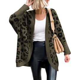 BTFBM Womens Cardigan Sweaters Long Sleeve Open Front Cardigans Fall Fashion Loose Knit Printed Outwear Winter Coats(Leopard Army Green, Large)