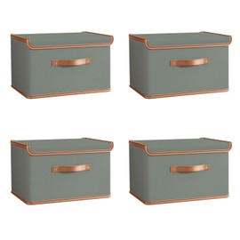 Tuza 4 Pack Storage Bins with Lids, Collapsible Closet Organizer Container, Fabric Organizer Box with Handles, Decorative Storage Boxes with Lids for Organizing Clothes, Blanket, Grey, Large