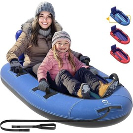 QPAU Snow Sled with Premium Canvas Cover, 2 Person Inflatable Heavy Duty Snow Tube with Reinforced Handles, Snow Sleds for Kids and Adults, Winter Toboggan Outdoor Toys Gifts for Family - Colour: Blue
