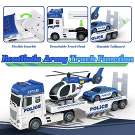 lonfypeng 3-in-1 Police Truck Toys for Kids Ages 3-6 - Inertia Semi Trailer with Racing Car & Helicopter, Light and Sound Play Vehicles