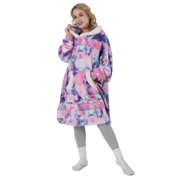 Winthome Oversized Blanket Hoodie Flannel Wearable Blanket Sweatshirt with Pocket and Sleeves Soft & Warm lounging hoodie for Adults (Adult, pink-purple)