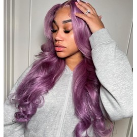 Light Purple 100% Brazillian Human Hair Wigs 13X6 Lace Front Wig for Black Women Transparent HD Lace Bodywave Style Pink Purple Pre Plucked Hairline 180% Denisty (18Inch, 13X6 Free Part Wig)