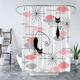 LAEDCIITI Mid Century Black Cat Shower Curtain Pink Grey Modern Atomic Abstract Geometric Iconic Pattern Retro Black Kitty Animal 1950s 1960s Vintage Fabric Bathroom Curtain Set with Hook