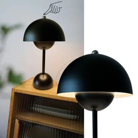 Qichksum Flowerpot Table Lamp with USB Charging Cable, 3 Colors Stepless Dimmable Touch Desk Lamp, Cute Dome Shade Mushroom Bedside Reflecting Light for Nightstand Bedroom, Restaurant (Black)