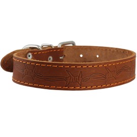 Genuine Leather Dog Collar Barb Wire Pattern Brown 4 Sizes (Neck Circumf: 13"-15"; 1" Wide)
