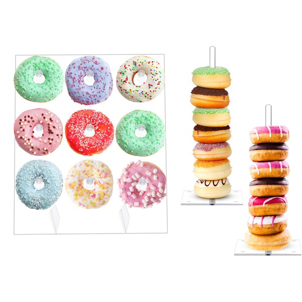 Frienda 1 Pack Acrylic Donut Display Wall Stand, Holds up to 18 Donuts and 2 Pieces Acrylic Donut Stands Clear Bagels Holder Square Stand Holder for Dessert Table Wedding Birthday Party