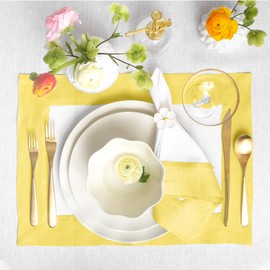 Solino Home Linen Cloth Placemats Set of 4-100% Pure Linen Easter Placemats Sunshine Yellow and White - 14 x 19 Inch Washable Dining Table Mats - Contempo