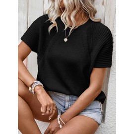 Dokotoo Womens Summer Tops Casual Short Sleeve Knit Sweaters for Women 2025 Fashion Clothing Round Neck Tops for Women Trendy Loose Fit Cute Hollow Out Top Blouse Black Medium