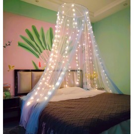 Eimilaly Two-tone Bed Canopy Mosquito Net White Blue with 250pcs Warm Lights, Bed Canopy for Girls Room Decor, Single Door