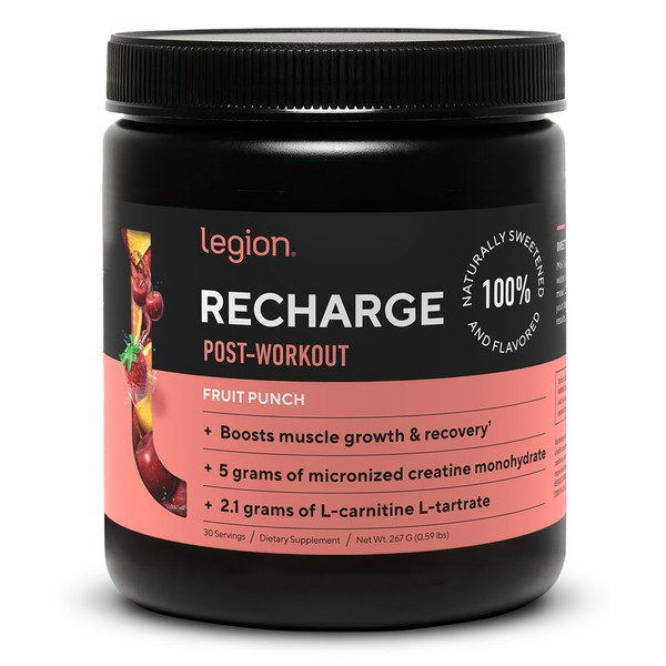 LEGION Recharge Post Workout Supplement - All Natural Muscle Builder & Recovery Drink with Micronized Creatine Monohydrate. Naturally Sweetened & Flavored, Safe & Healthy (Fruit Punch, 30 Serve)