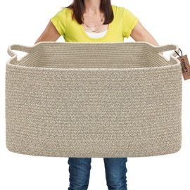 COMFY-HOMI Large Rectangular Blanket Basket, Woven Cotton Rope Baskets for Storage, Laundry Hamper Basket, Storage Bin,Toy Organizing Bin with Handle, Organization and Storage-22x15x12”-Brown