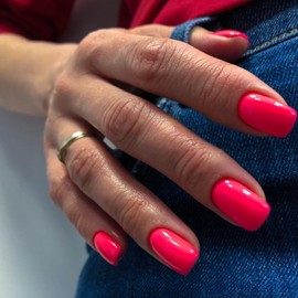 24PCs Press On Nails, Short Square Medium Shape, Solid Dark Color Fake Nails, Stick on Nails Glue on Nails Short Coffin False Nails (Rose Pink)