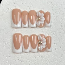 White French Tip Handmade Press on Nails Medium Square Fake Nails Muti-Layer Gel False Nails with 3D Flower Rhinestones Designs Thick Acrylic Nails Full Cover Stick on Nail for Women Nail DIY (Size S)
