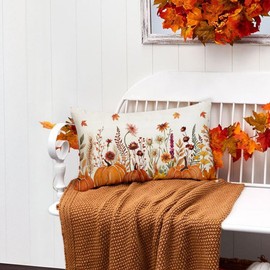 RABUSOFA Fall Pillow Covers 12x20 Floral Orange Pumpkin Decoration Outdoor