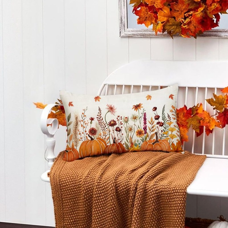 RABUSOFA Fall Pillow Covers 12x20 Floral Orange Pumpkin Decoration Outdoor