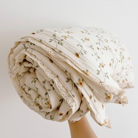 BuLuTu Muslin Toddler Quilt Cute Toddler Bed Blanket Baby Comforter for Crib Muslin Blankets Soft Lightweight Toddler Comforter for Girls Boys, Wildflower Pattern, 59"x47"