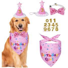 Dog Birthday Bandana Set, Dog Cat Birthday Party Supplies Boy Girl Birthday Party Hat Bow Tie Collar Set with Number for Large Medium Small Pet (Pink)