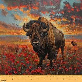 jejeloiu Cute Buffalo Upholstery Fabric for Chairs Wild American Bison for Home DIY Projects, Waterproof Indoor Outdoor Decor 1 Yard Wildlife Animal Ranch Grassland Floral Blossom Fabric by The Yard