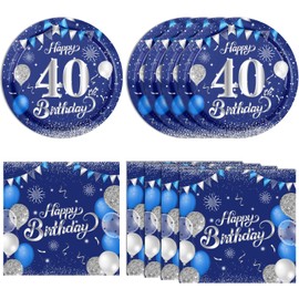 40PCS Happy 40th Birthday decorations Blue and Silver Cheers to 40 Years Plates Napkins Set for Men and Woman Forty Years Birthday Party Supplies