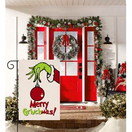 Grinch Merry Christmas Small Garden Flag Vertical Double Sided Burlap Red Green Yard Outdoor Decoration 12 x 18 Inches