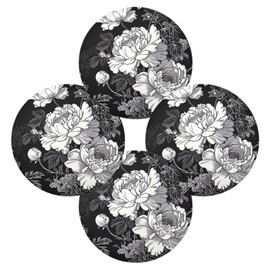 SDMKA White Flowers Black Place Mats Set of 4, 15 Inch Round Placemats Washable Non-Slip Table Mats for Kitchen Dining